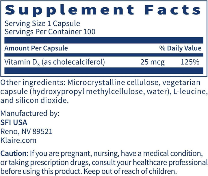 Vitamina D3 1000IU, 100 cápsulas - Klaire Labs (SFI Health)