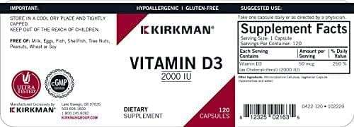 Vitamina D3 1000 IU, hipoalergénica, 120 cápsulas - Kirkman Laboratories