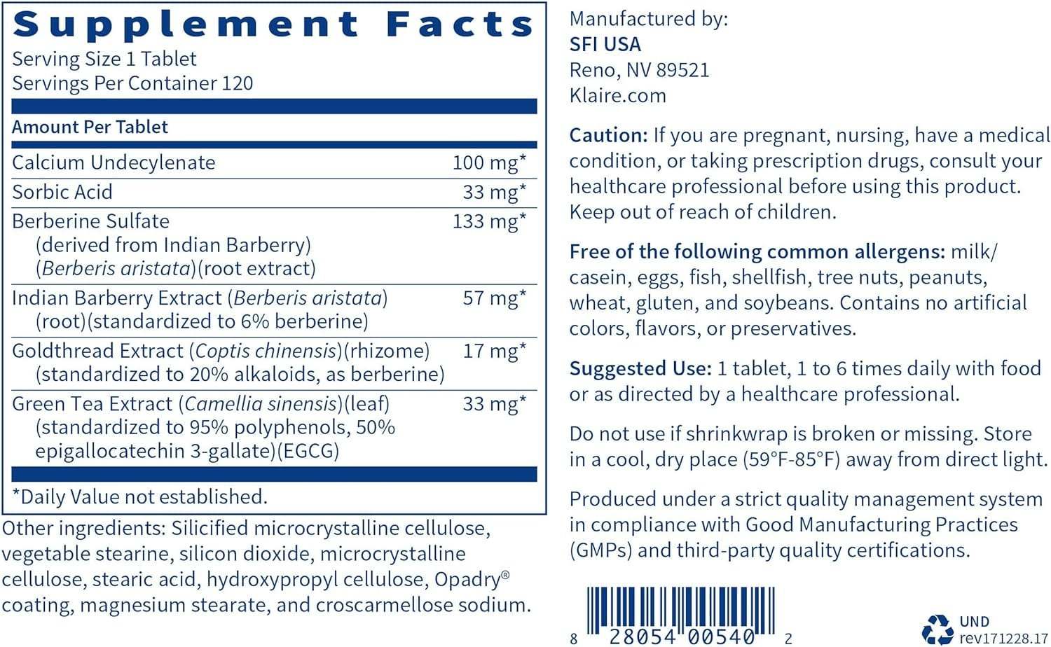 Undecylex, 120 δισκία - Klaire Labs (SFI Health)