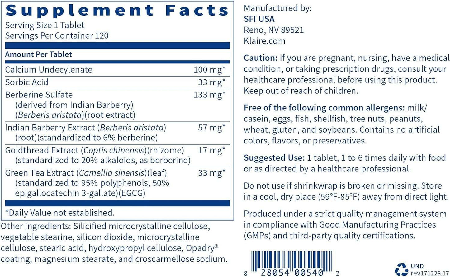 Undecylex, 120 comprimidos - Klaire Labs (SFI Health)