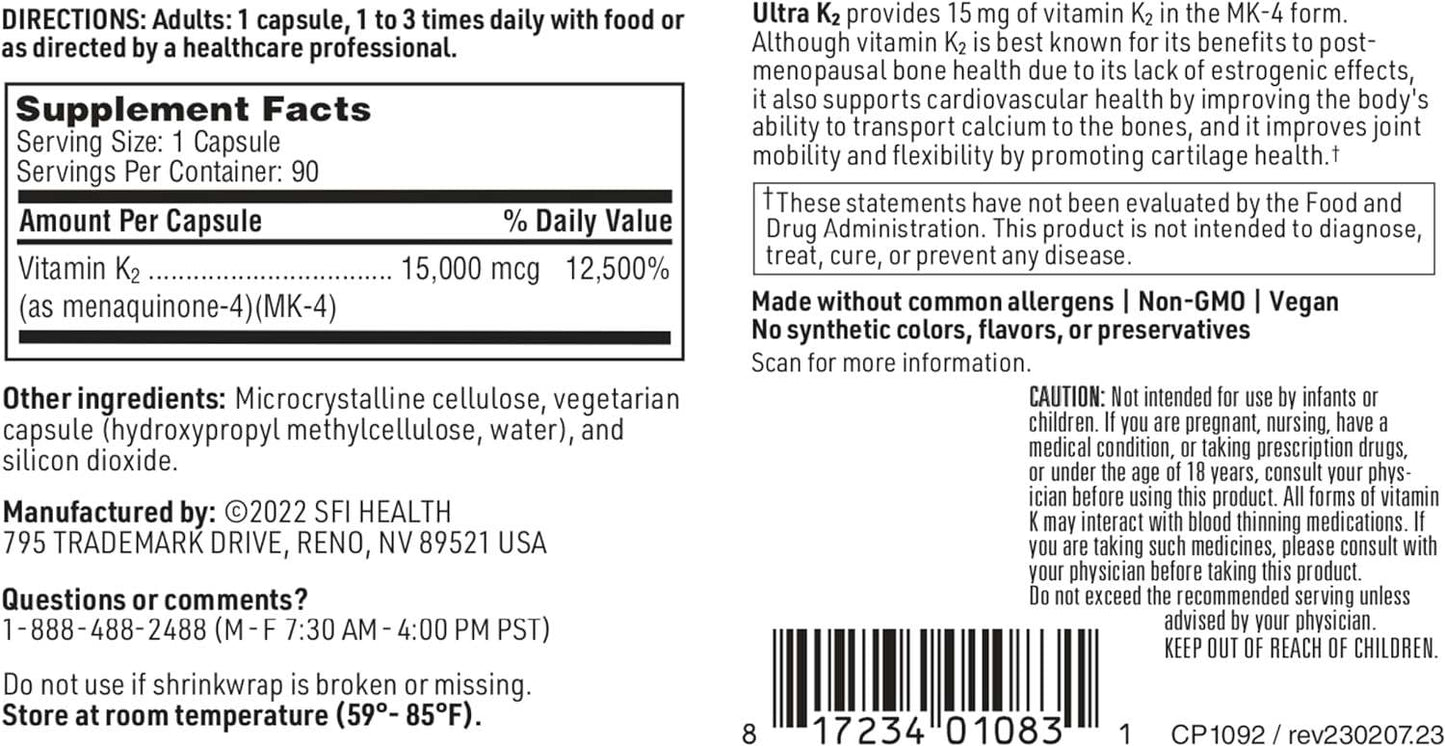 Ultra K2 Menaquinone - 4 (90 kapslar) - Klaire Labs (SFI Health)