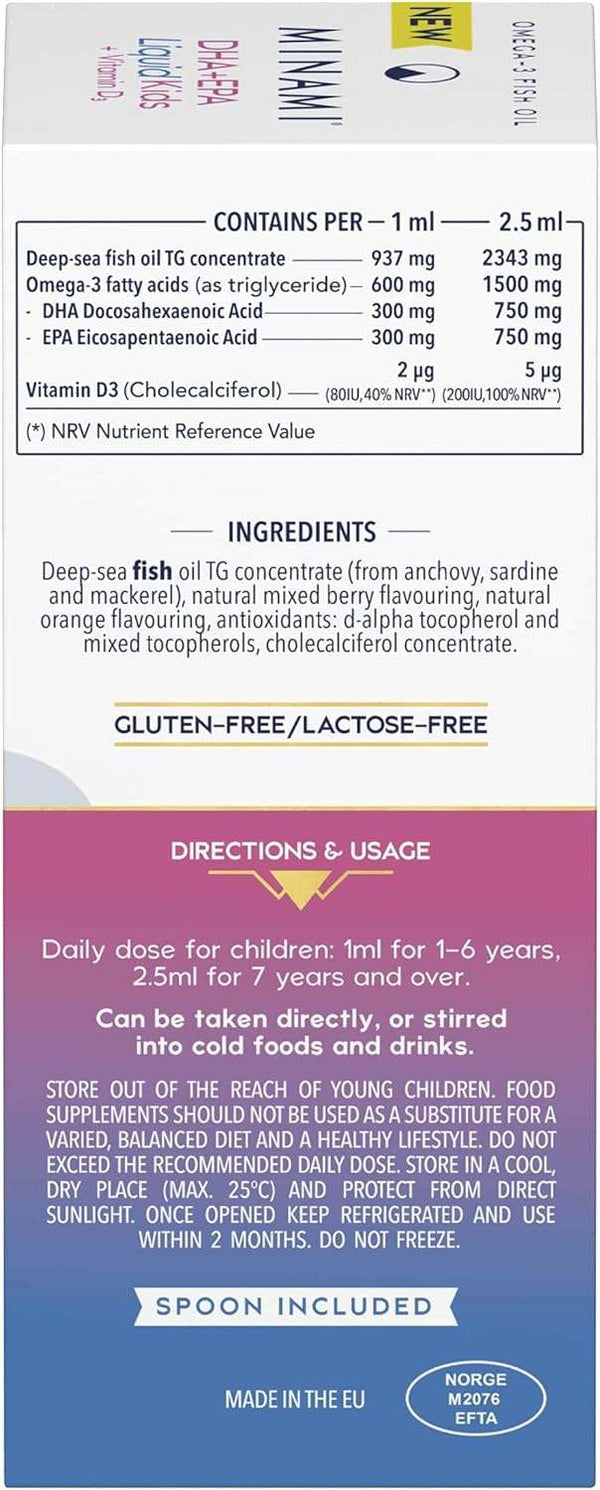 DHA + EPA -nestemäiset lapset + D3 -vitamiini 100 ml - Minami
