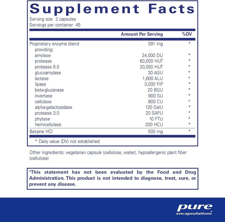 Enzimas digestivas Ultra com Betaína HCl, 90 Caps - Encapsulações puras