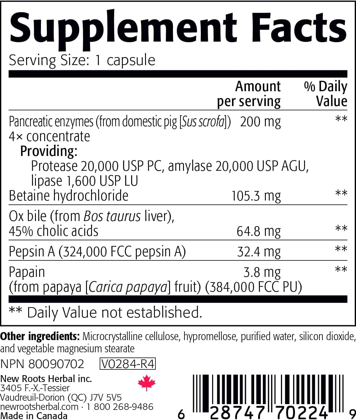 Verdauungsenzyme mit Betainhydrochlorid (100 Kapseln) - Neue Wurzeln Kräuter