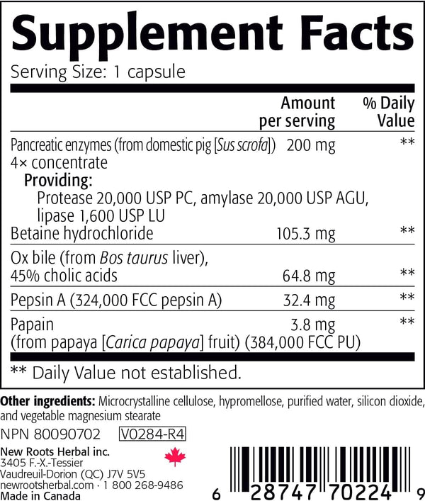 Enzimas digestivas con clorhidrato betaína (100 cápsulas) - New Roots Herbal