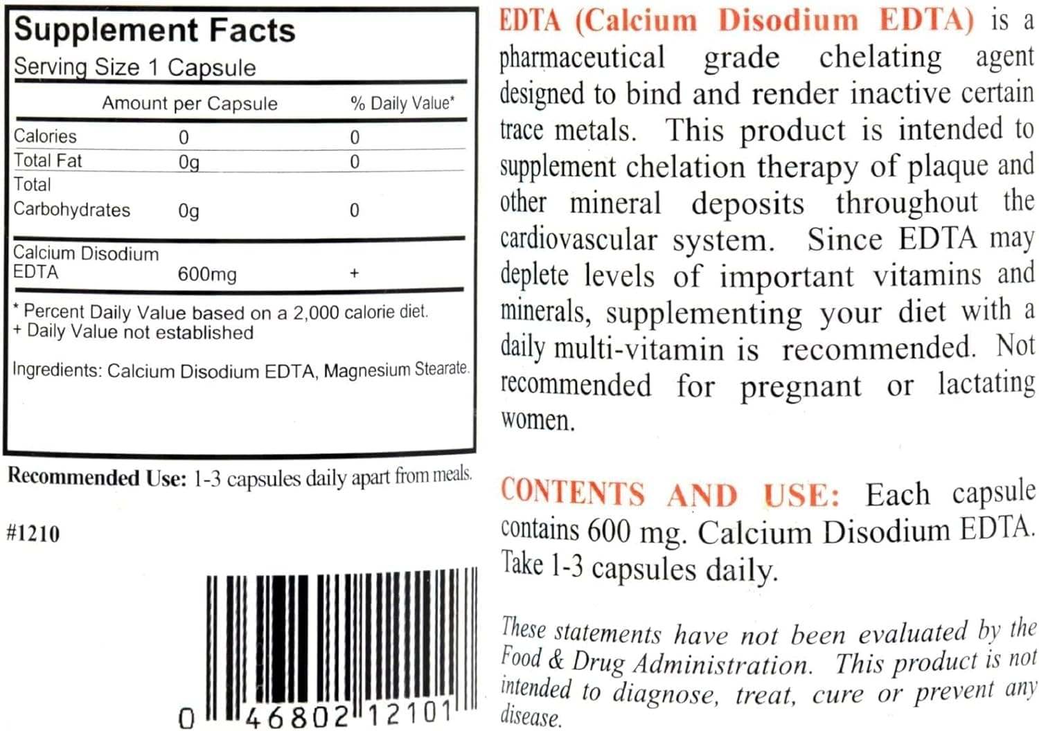 EDTA (Calcium Disodium EDTA) 600 mg, 100 capsules - Arizona Natural