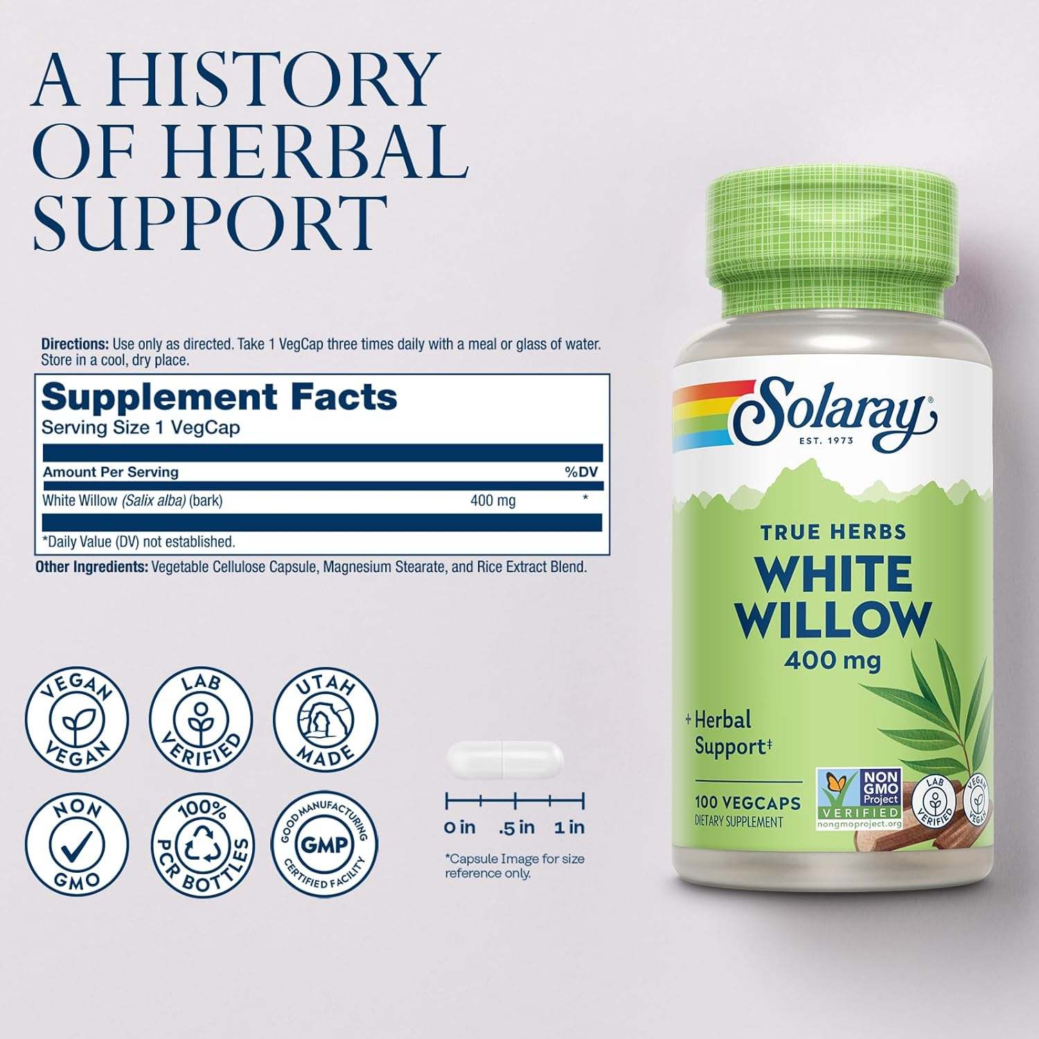 White Willow, 400 mg, 100 vegcaps - Solaray