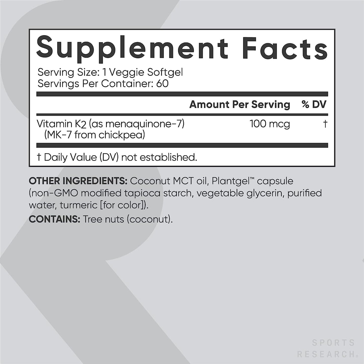 Vitamina K2, 100 mcg, 60 vegetais Softgels - Sports Research