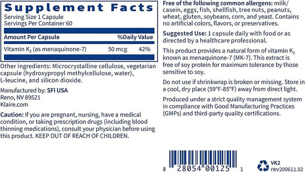 Vitamin K2 50mcg, 60 Capsules - Klaire Labs  (SFI Health)