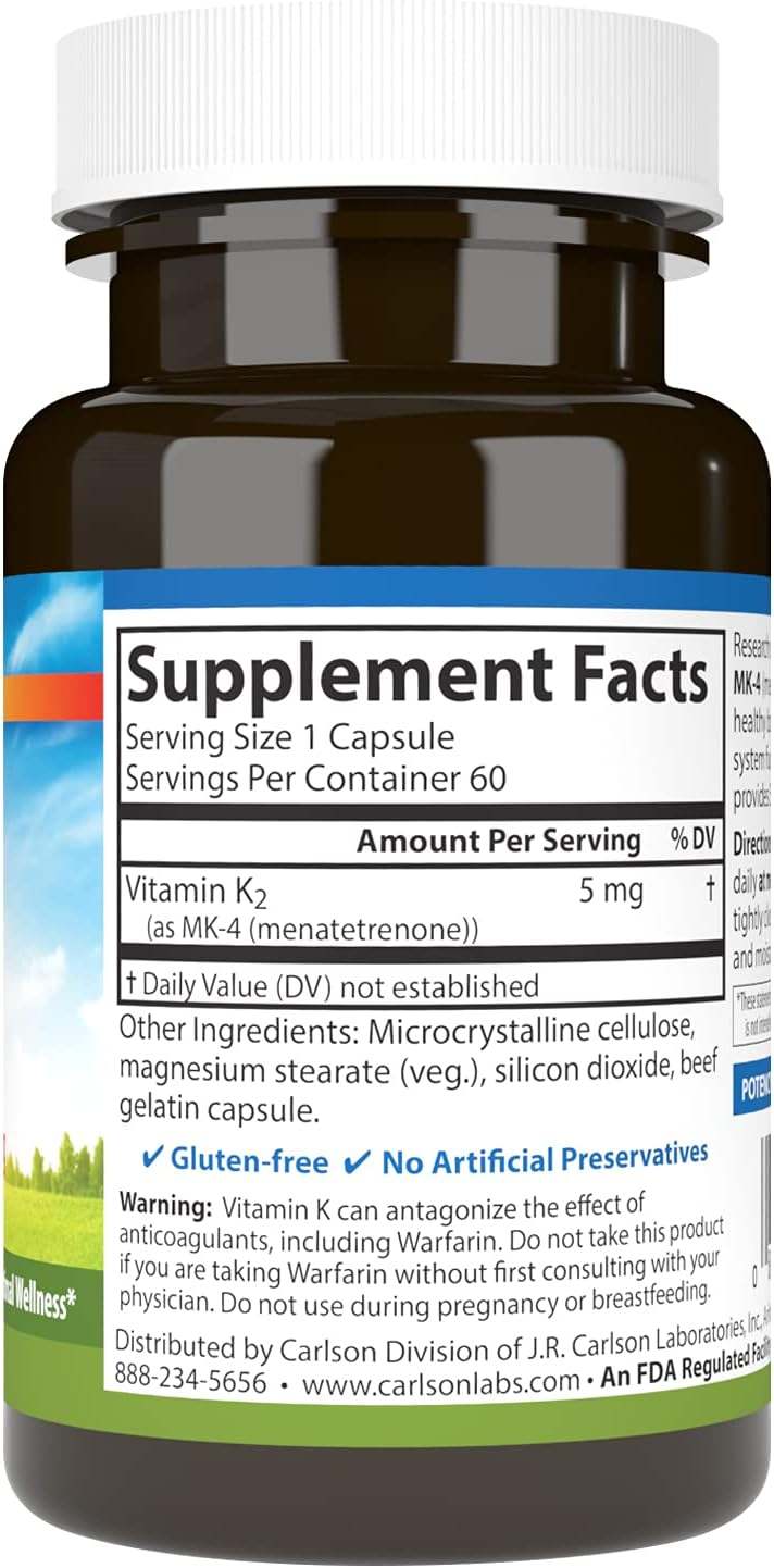 Vitamina K2 - 5 mg - 60 cápsulas - Carlson Labs