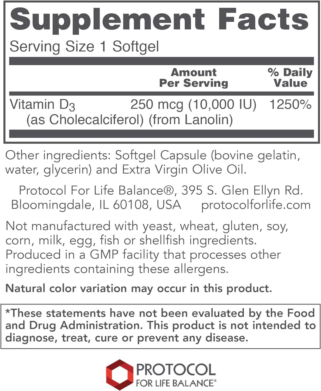 Vitamin D3 10,000 IU - 120 softgels - Protocol For Life Balance