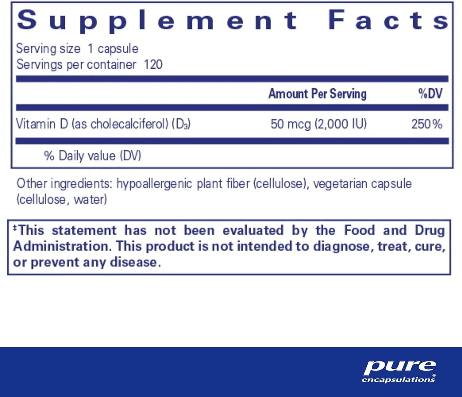 Vitamina D3 (vegana) 2,000 UI, 120 cápsulas - Encapsulaciones puras