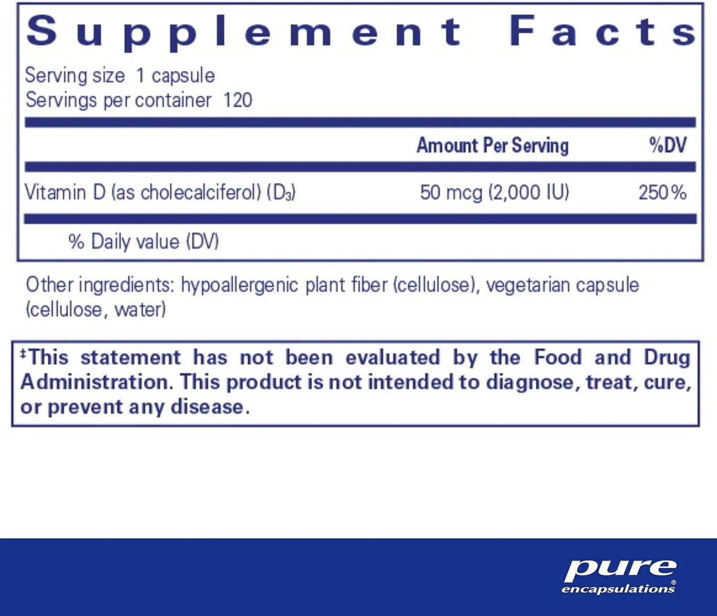 Vitamin D3 (Vegan) 2,000 IU, 120 Capsules - Pure Encapsulations