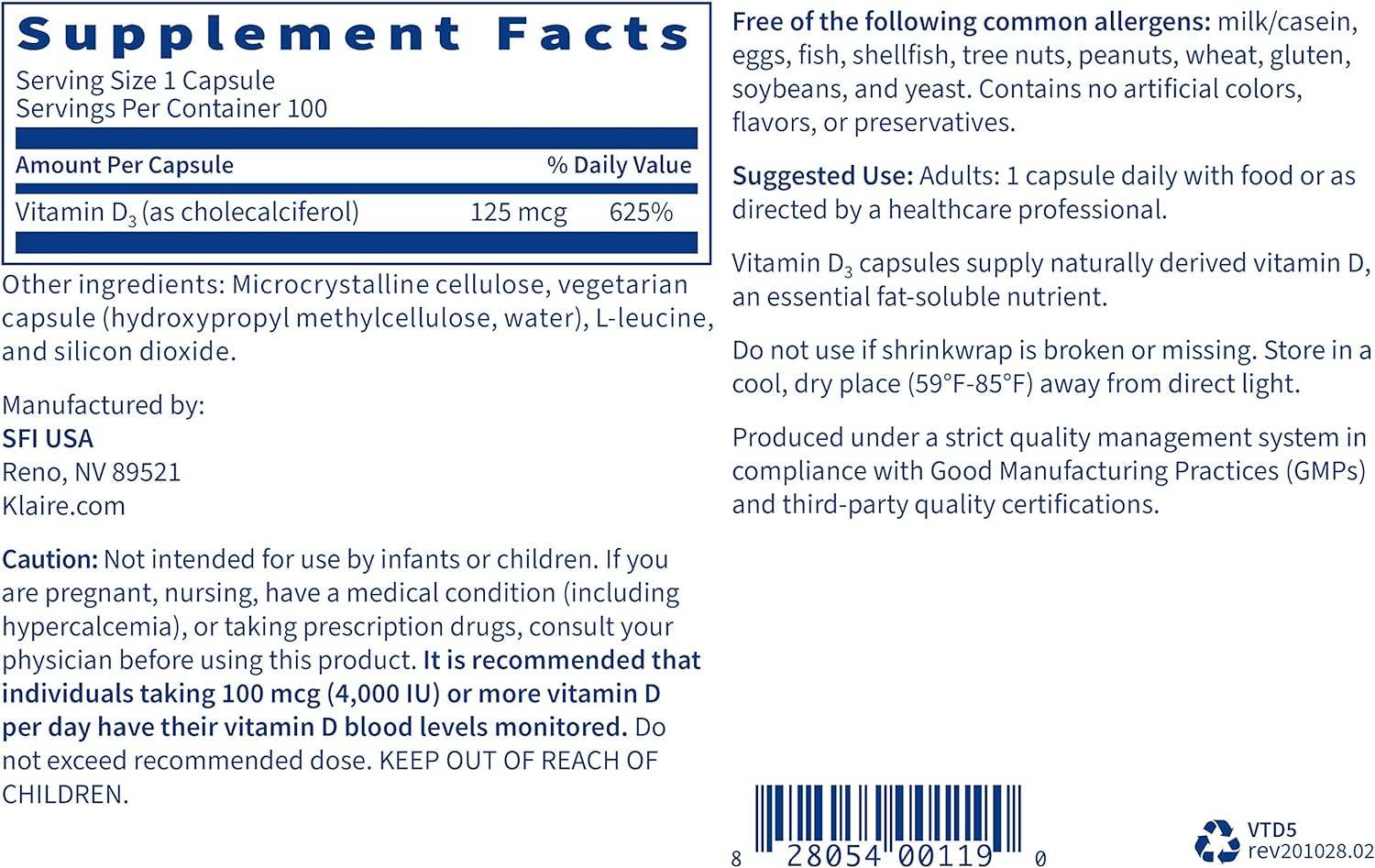 Vitamina D3 (5,000 UI) 100 Cápsulas - Klaire Labs (SFI Health)