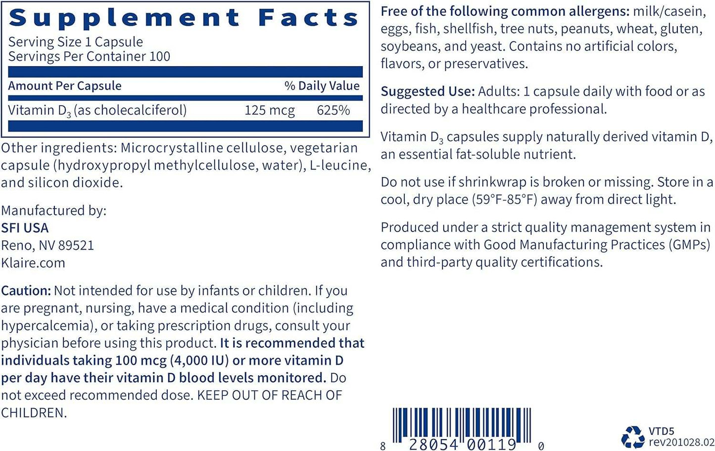 Vitamina D3 (5.000 UI) 100 cápsulas - Klaire Labs (SFI Health)