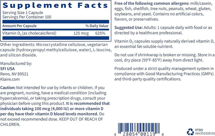 Vitamin D3 (5.000 IE) 100 kapsler - Klaire Labs (SFI Health)