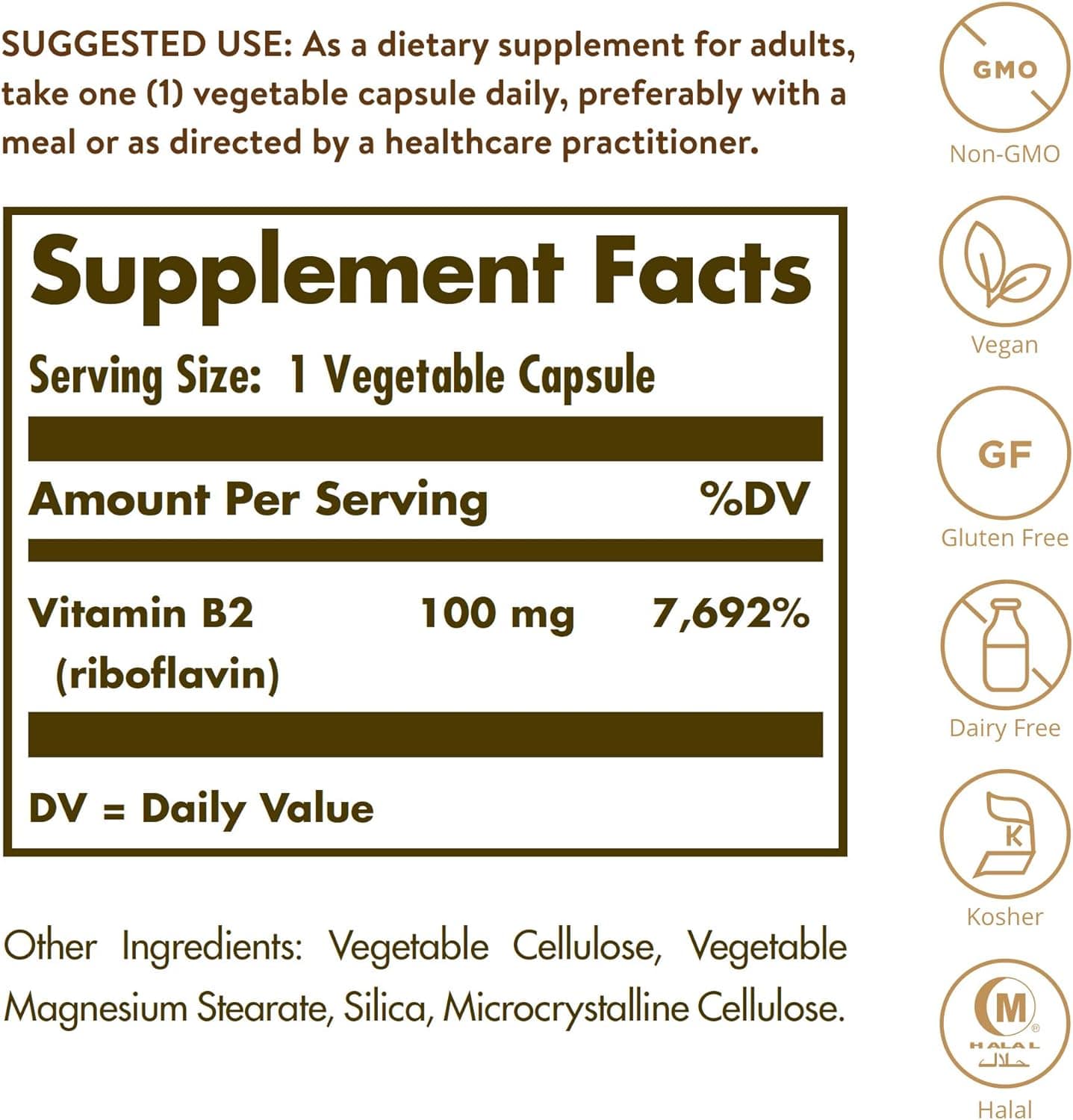 Vitamine B2 (riboflavine) 100 mg, 100 capsules - Solgar