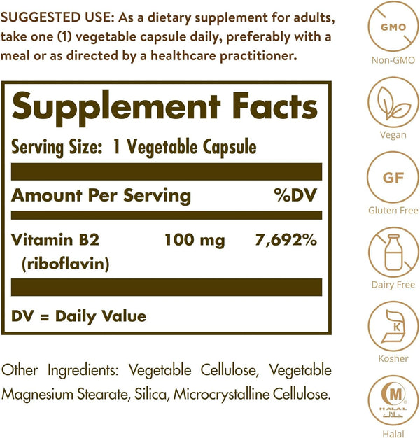 Vitamin B2 (Riboflavin) 100 mg, 100 capsules - Solgar