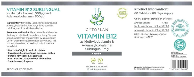 Vitamina B12 Sublingual (vegano) - 60 tabletas - Cytoplan