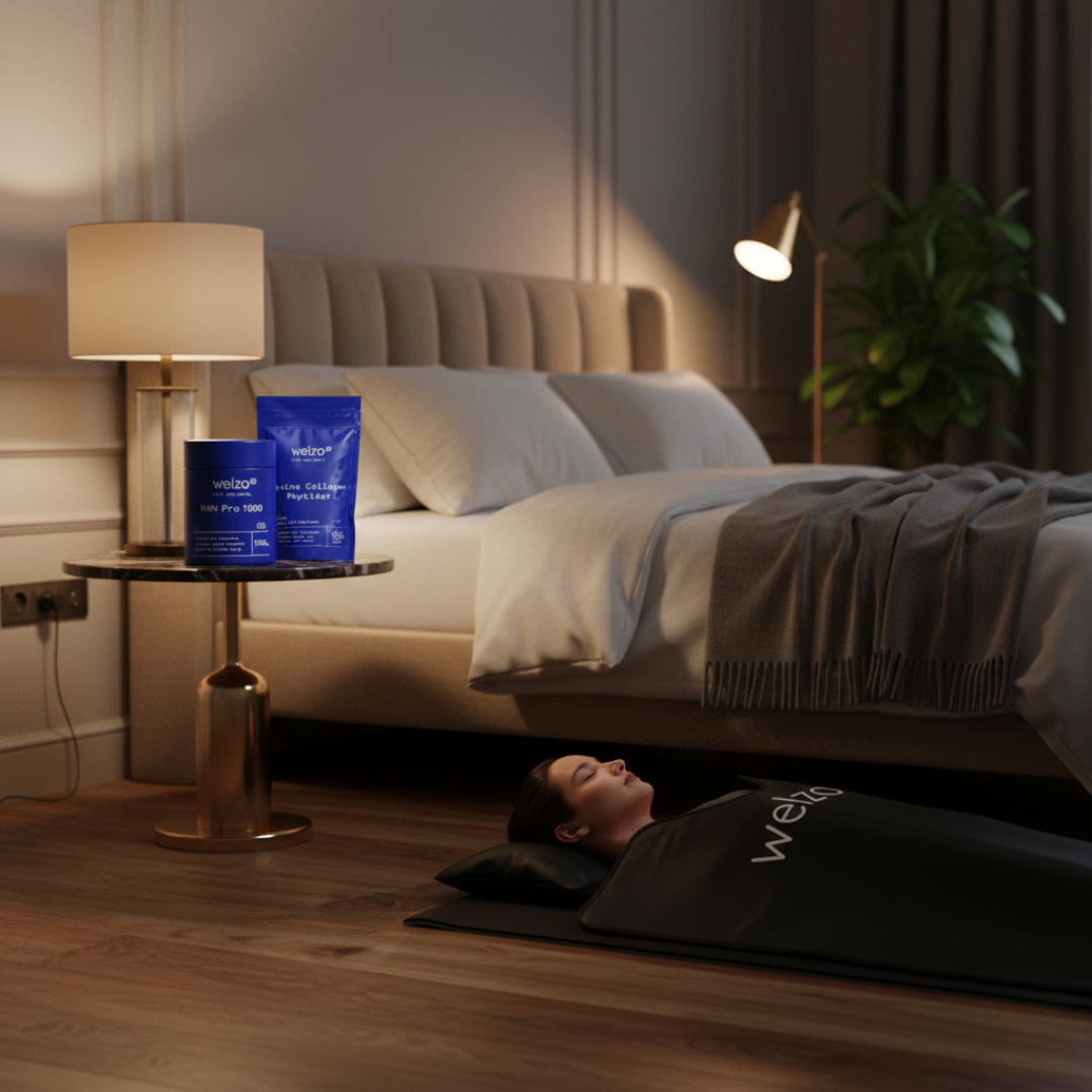 Welzo NMN Capsules, Collagen Powder and Infrared Sauna Blanket Routine
