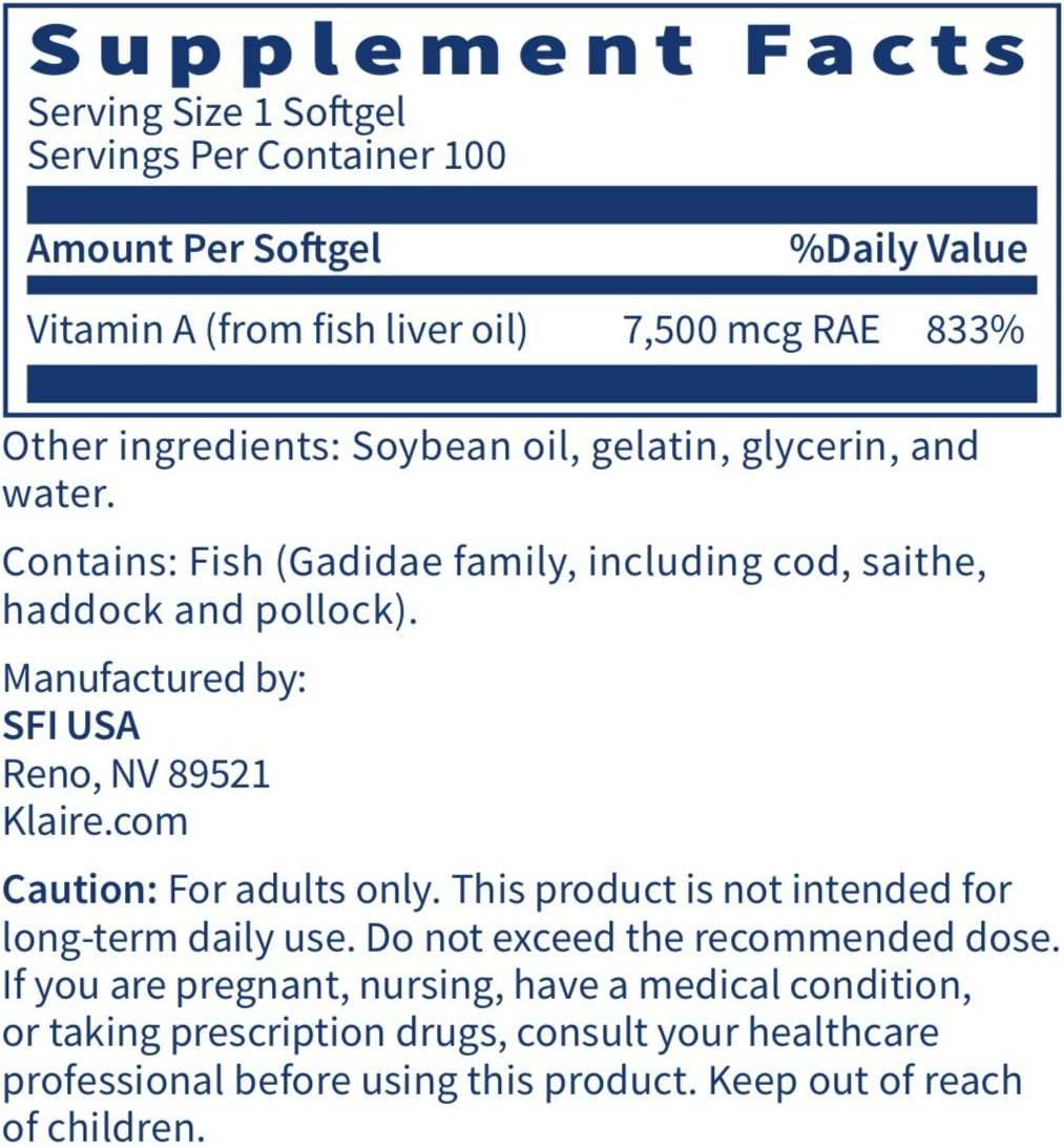 Vitaminas A 25 000IU, 100 minkštųjų salelių - „Klaire Labs“ („SFI Health“)