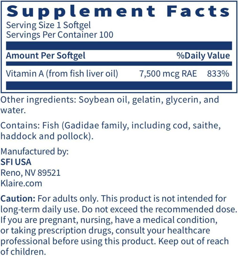 Vitamin A 25,000IU, 100 Softgels - Klaire Labs