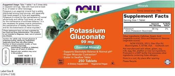 Gluconato de potasio 99mg, 250 tabletas - ahora alimentos