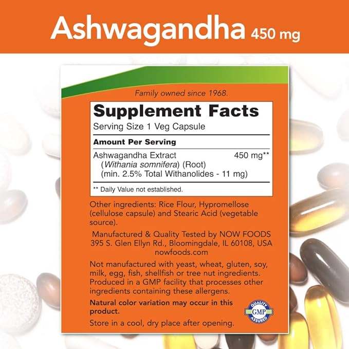 Ashwagandha 450 mg, 90 kapsułek - teraz żywność