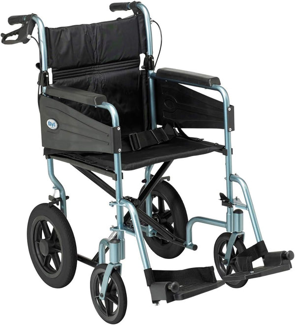 Lightweight Foldable Aluminum Wheelchair with Removable Footrests - Standard Size, Silver/Blue - Ideal for Comfort and Travel Mobility Aids