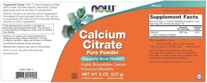 Pulbere pură de citrat de calciu, 227g - acum alimente