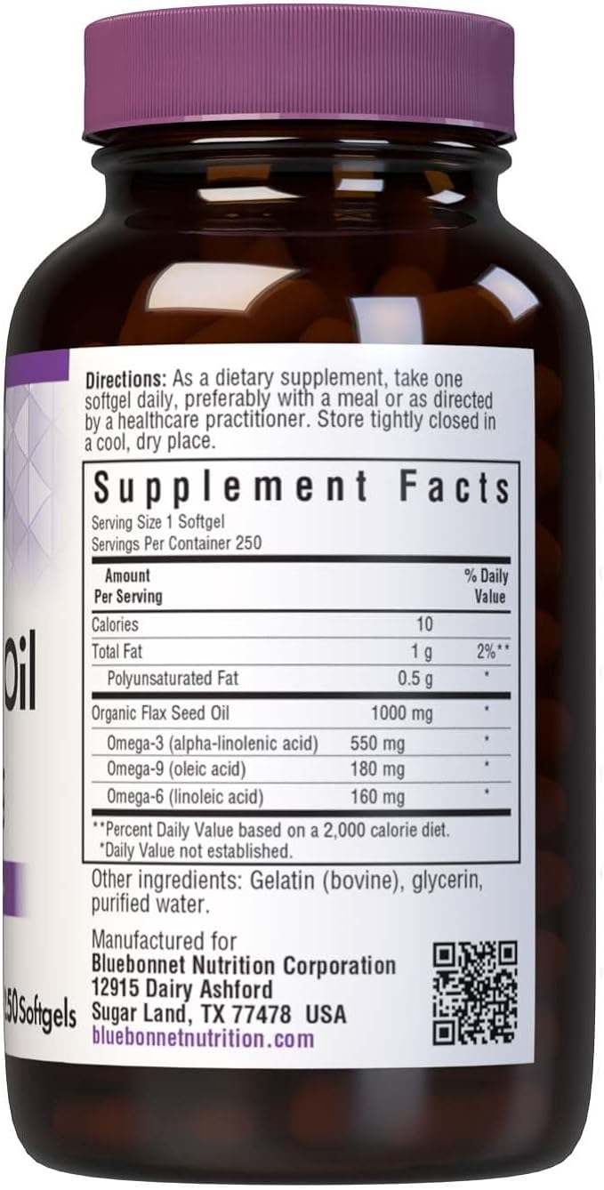 Bio -Flachssamenöl, 1000 mg 250 Softgele - BlueBonnet Nutrition