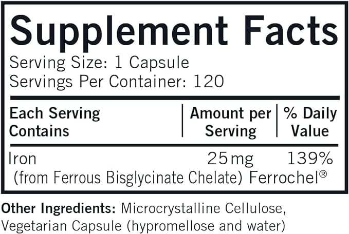 Iron Ferrochel 25 mg (hypoallergénique) 120 capsules - Kirkman Laboratories