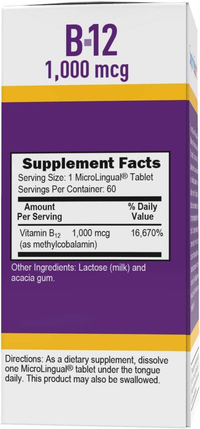 Metilcobalamina B -12 1000 mcg, B -6 y ácido fólico - 60 tabletas microlingües - fuente superior