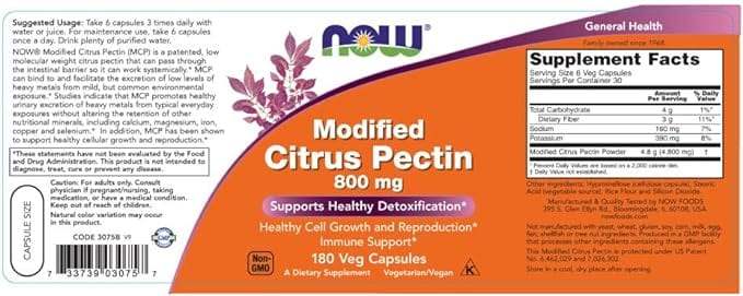 Modified Citrus Pectin 800mg, 180 veg caps - Now Foods