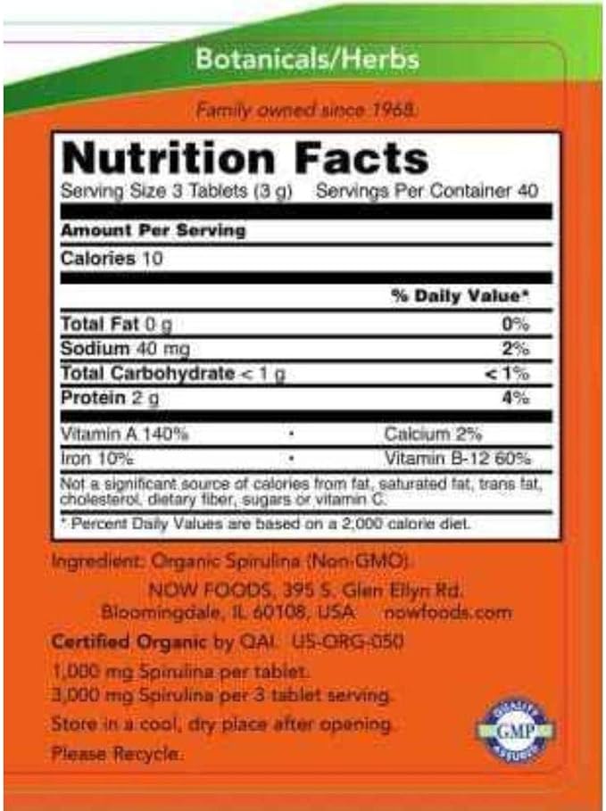 Organic Spirulina 1000 mg 120 tabs - Now Foods
