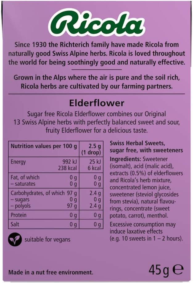 Ricola Swiss Herbal Sweets Elderflower Sugar Free 45g