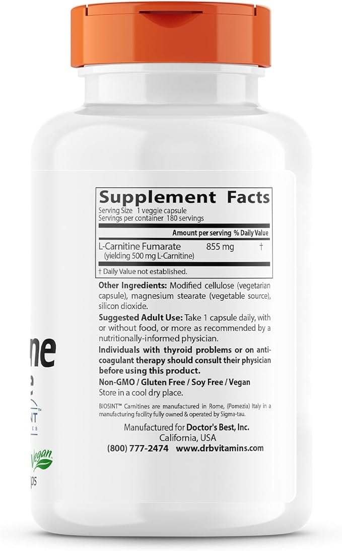 L-Carnitine Fumarate with Biosint Carnitines 855mg, 180 Capsules - Doctor's Best