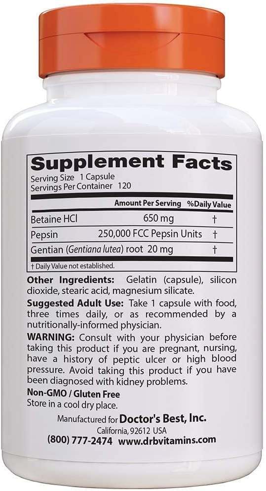 Betaine HCl Pepsin & Gentian Bitters, 120 kapslar - Doctor's Best