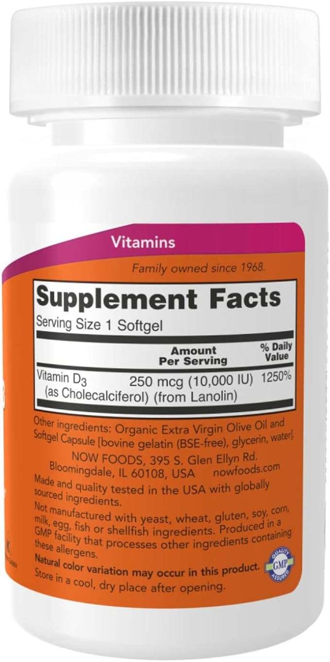 Vitamina D3 10,000 IU, 120 Softgels - Ahora alimentos