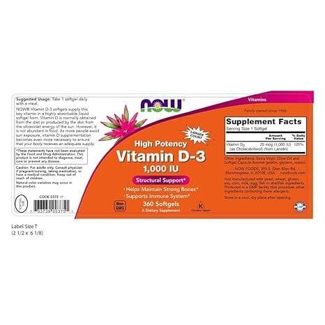 Witamina D3/D -3 Wysoka moc 1000 IU 180 Softgels - Now Foods