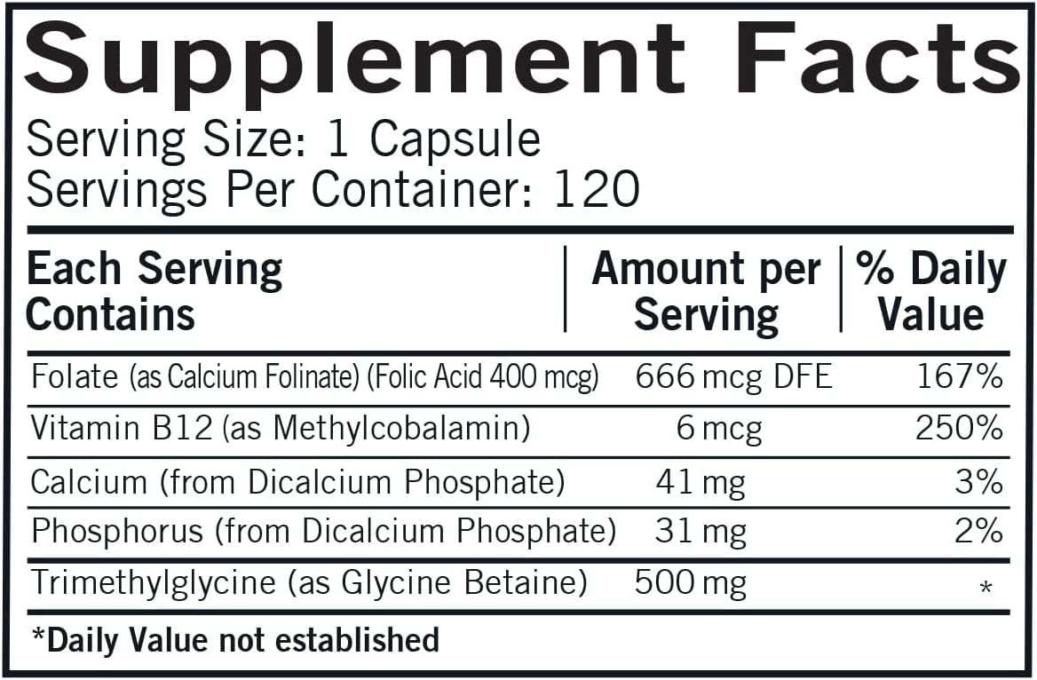 TMG con acido folinico e metil B12, 500 mg, 120 capsule - Kirkman Laboratories