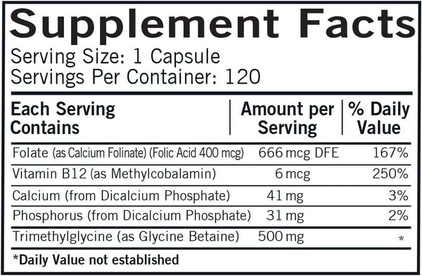 TMG με φολινικό οξύ και μεθυλο B12, 500mg, 120 κάψουλες - Kirkman Laboratories