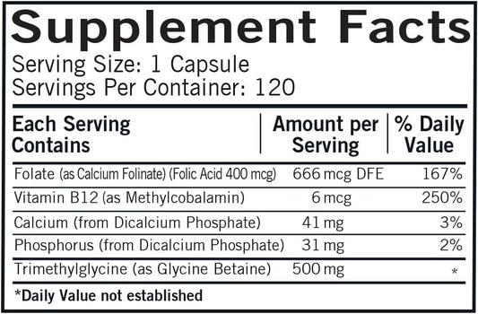 TMG with Folinic Acid and Methyl B12, 500mg, 120 Capsules - Kirkman Laboratories