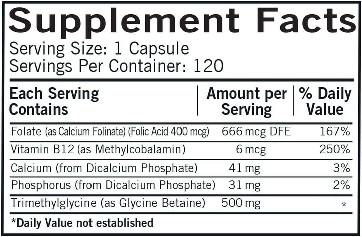 TMG folinsavval és metil -B12, 500 mg, 120 kapszula - Kirkman Laboratories