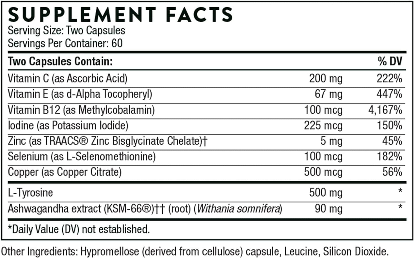 Tiroksinas, skydliaukės kofaktoriai, 120 veganiškų kepurės - „Thorne“ tyrimai