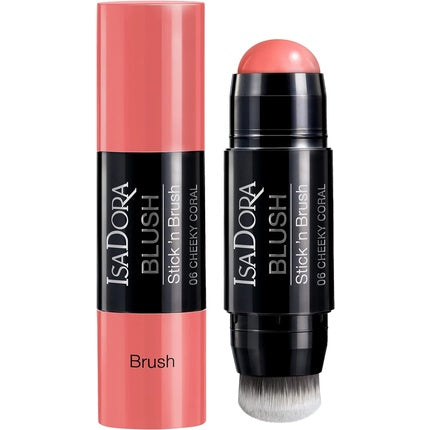 IsaDora Stick'n Brush Cream Blush Stick With Twist-Up Brush Shimmery Colorful Cream Blusher Stick Cruelty Free Creme Pink Blush Stick Make Up Blushers for Cheeks 06 Cheeky Coral