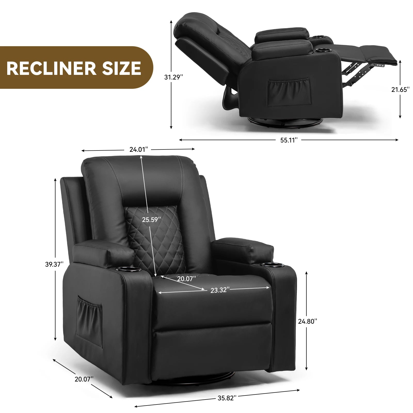 Oversized recliner massage fauteuil - Swivel Lounge stoel met massage, warmte en uitgebreide voetsteun