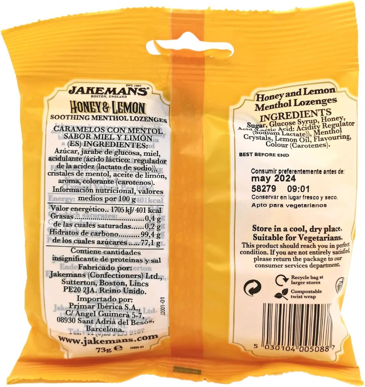 Jakemans Cough Sweets Honey & Lemon Menthol 73g