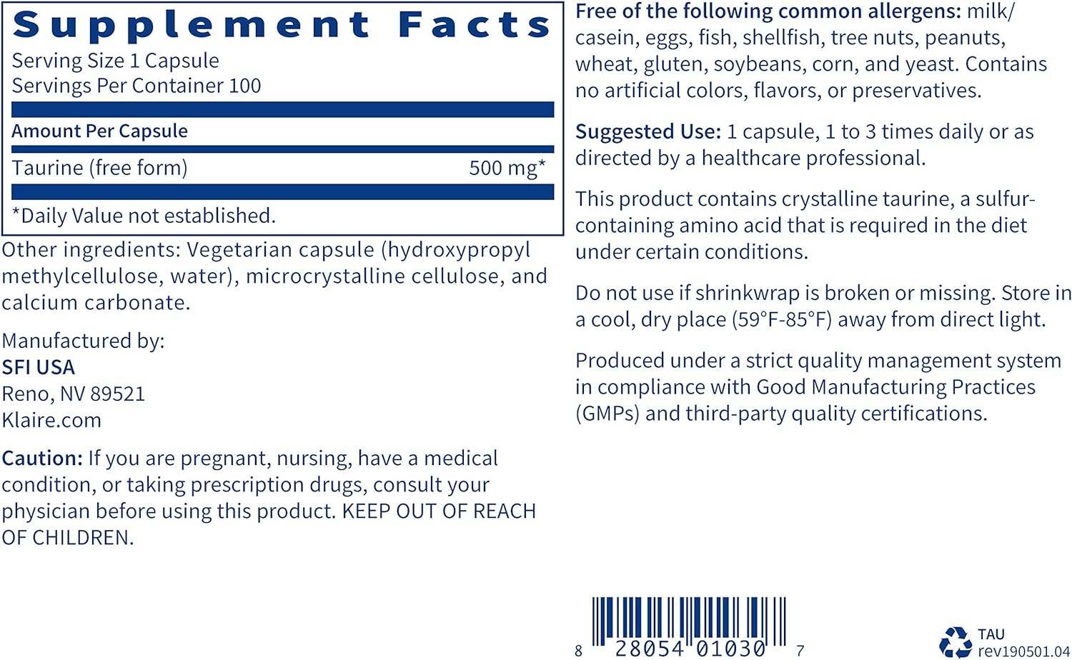 Taurin 500 mg, 100 Kapseln - Klaire Labs (SFI Health)