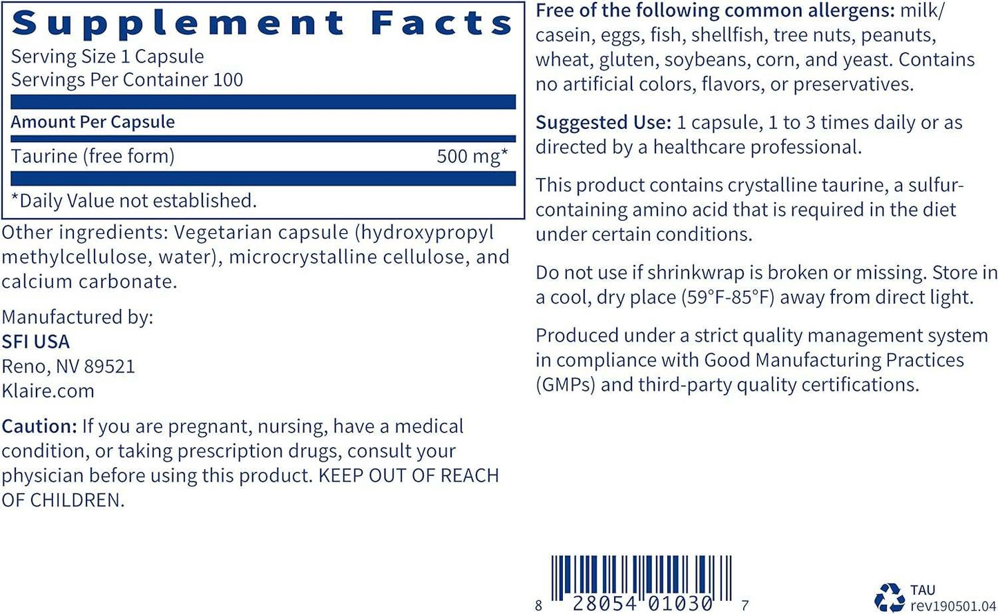 Taurine 500mg, 100 tobolek - Klaire Labs (SFI Health)